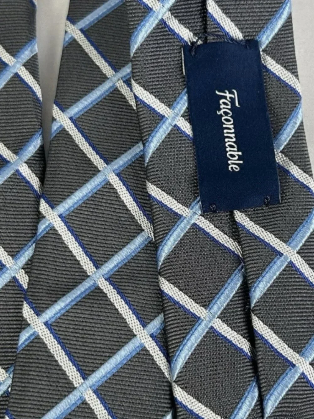 Faconnable Gray Blue Plaid Textured Silk Neck Tie Made In Italy